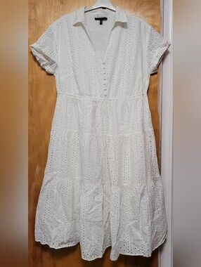 Eloquii White Eyelet Button-Front Midi Dress with Collared V-Neck Size 18